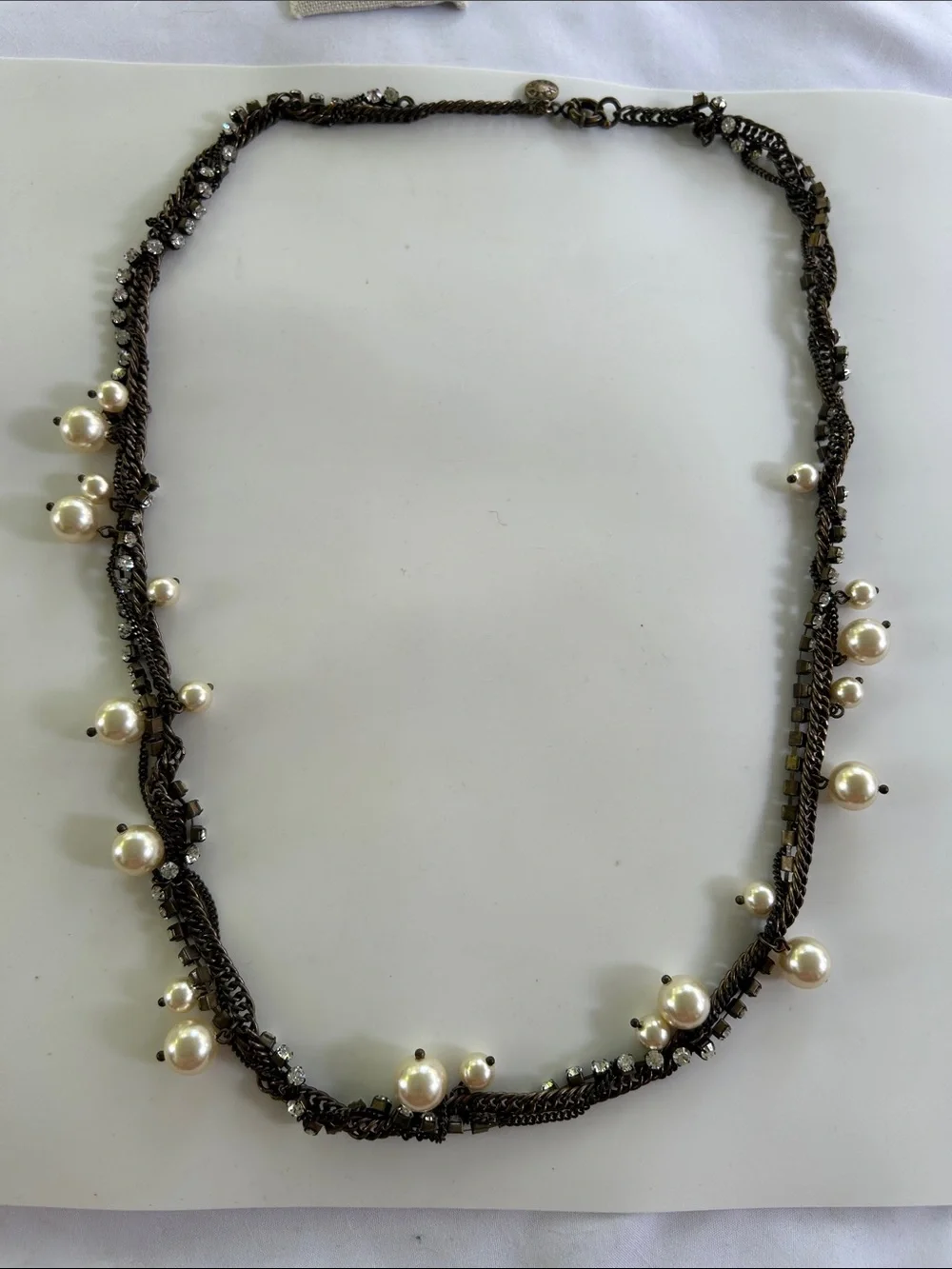 J. Crew Bronze Tone Faux Pearl & Rhinestone Twisted Strand Statement Necklace